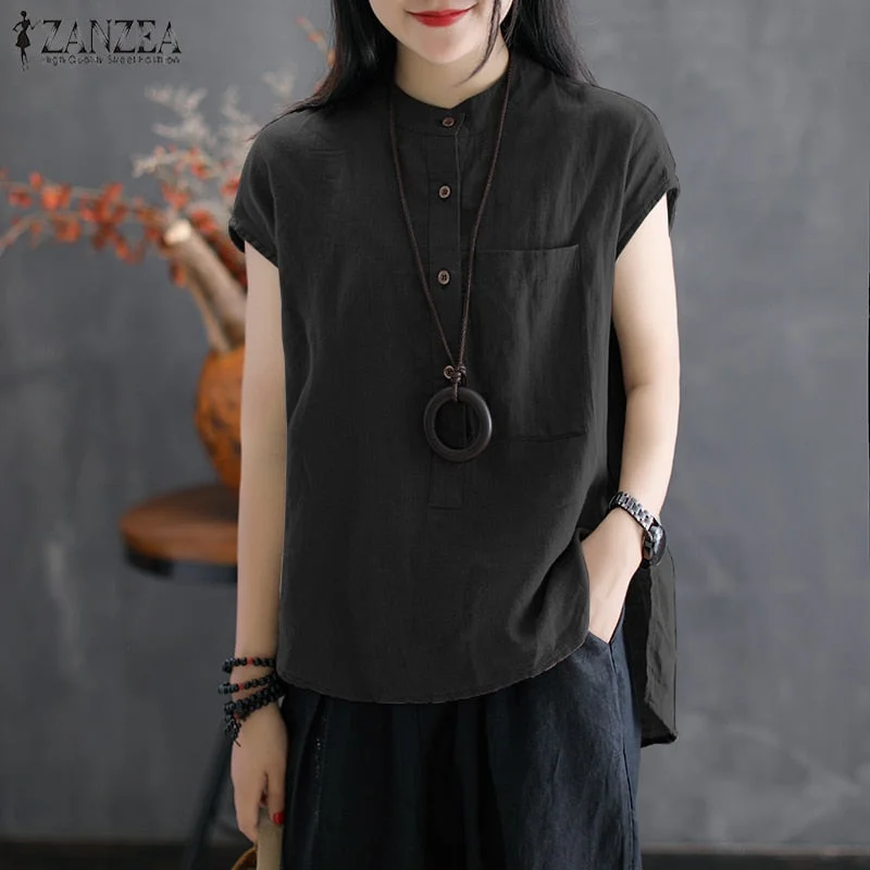 2022 ZANZEA Women Summer Blouse Work OL Blusas Solid Cotton Linen Shirt Casual Short Sleeve Tops Camisas Mujer Oversized Blouse