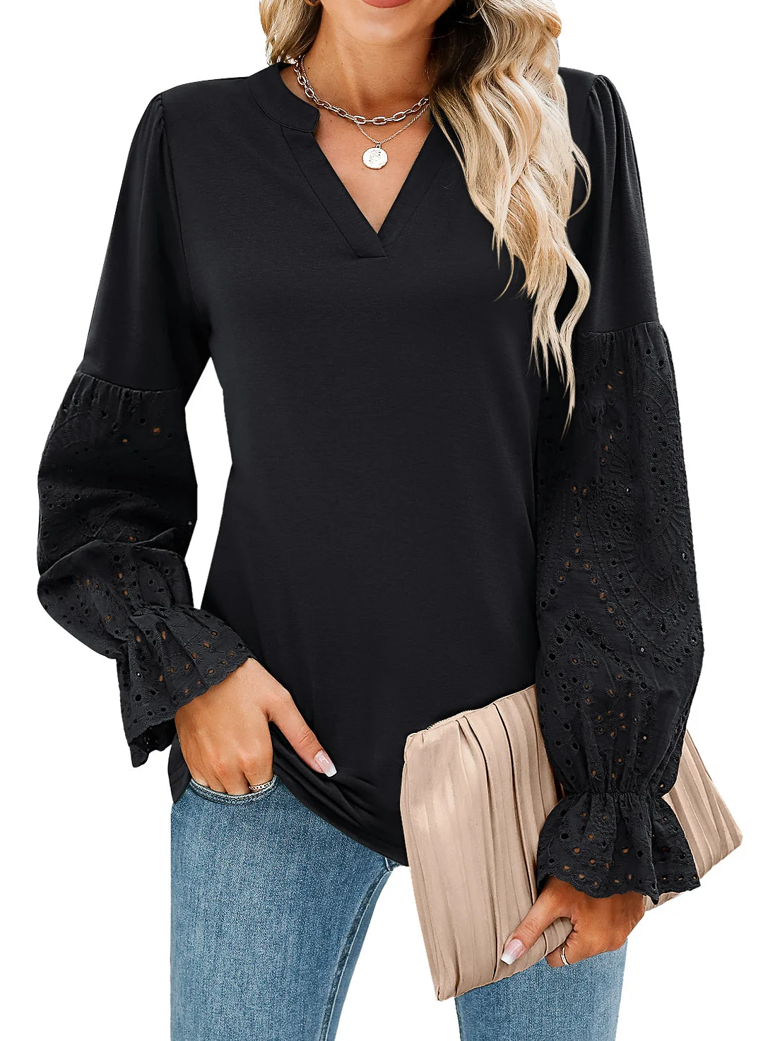 MIHOLL Women V Neck Long Sleeve Shirt Lace Crochet Loose Casual Top Blouse
