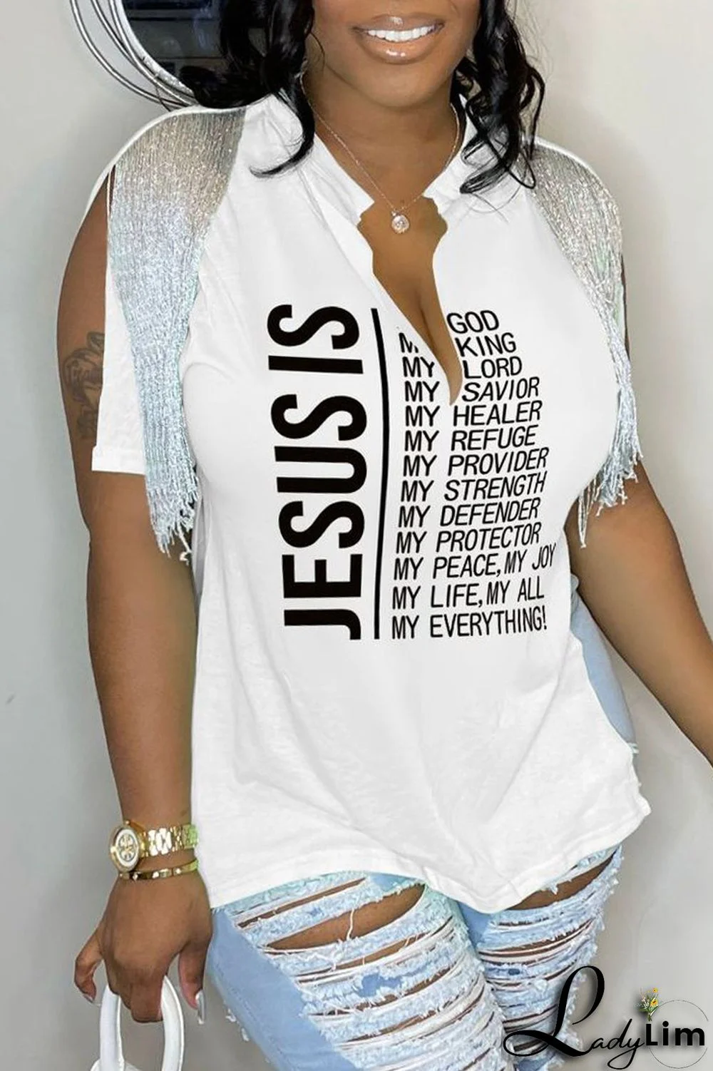 Black Casual Letter Print Tassel Patchwork V Neck T-Shirts