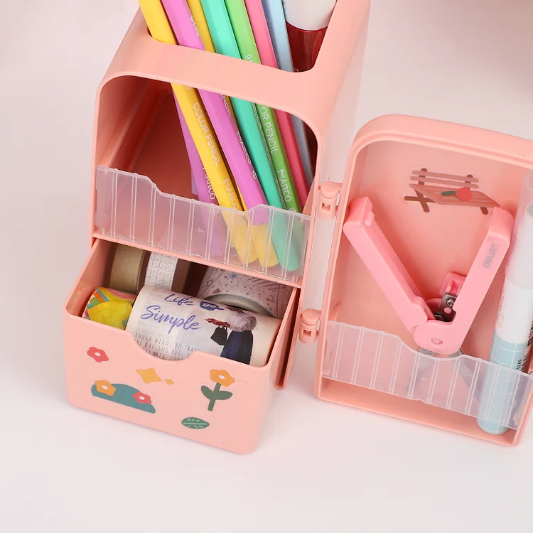 Cute Desk Organizer, Kawaii Pink Pencil Holder, Cartoon Stationery Storage,  White Aesthetic Pencil Organizer, FREE STICKER SHEET 