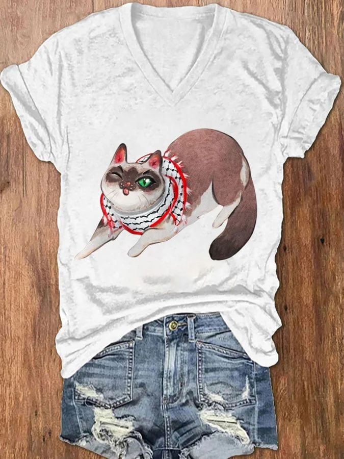 Women's Palestinian Kufiya Cat Print Casual T-shirt