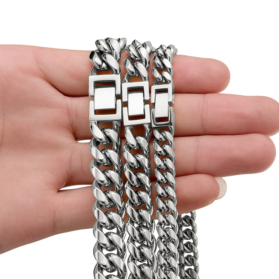 Miami Cuban Link Chain for Men Women Titanium Stainless Steel Curb Chain Necklace, Cool Hip Hop Jewelry Silver Plated Chains, Width 8/10/12/14mm