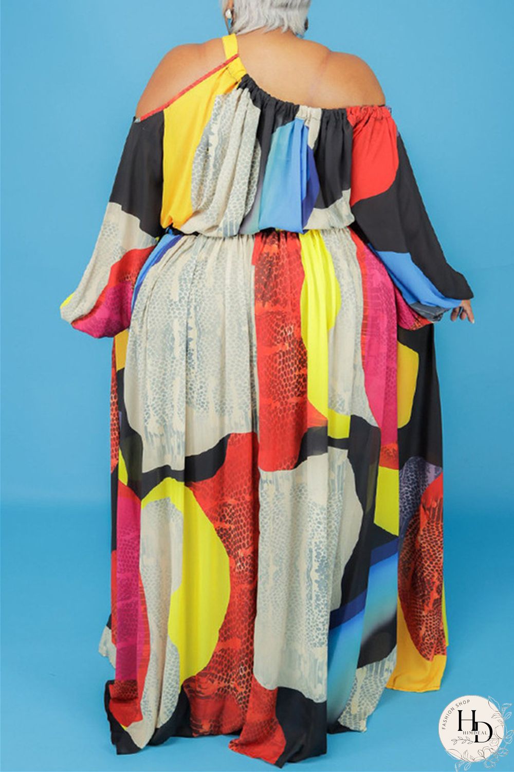 Black Fashion Casual Print Hollowed Out Oblique Collar Long Sleeve Plus Size Dresses