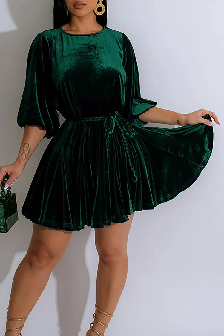Plus Size Party Mini Dresses Casual Green Fall Winter Crew Neck Puff Sleeve Half Sleeve Wrap Velvet Mini Dresses [Pre-Order]