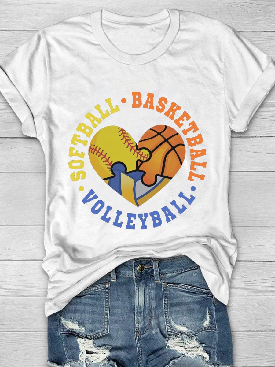 Softball Basketball Volleyball Lovers Print Short Sleeve T-Shirt