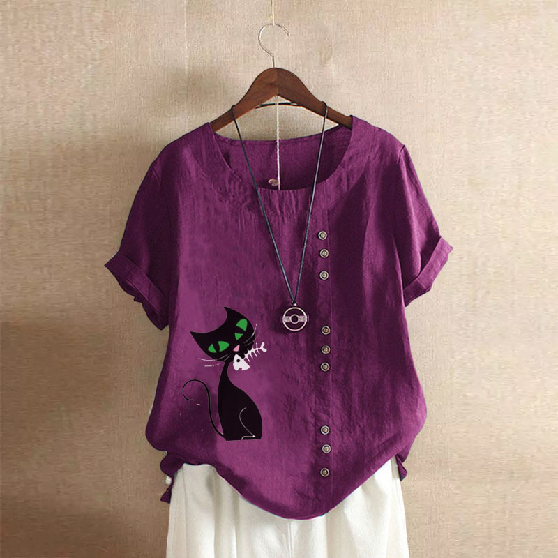 Groksage Woman Blouse 2025 Summer Retro Casual Loose Fitting Cotton And Linen Short Sleeved Pullover Shirt Ladies Botton Cat Print Tops
