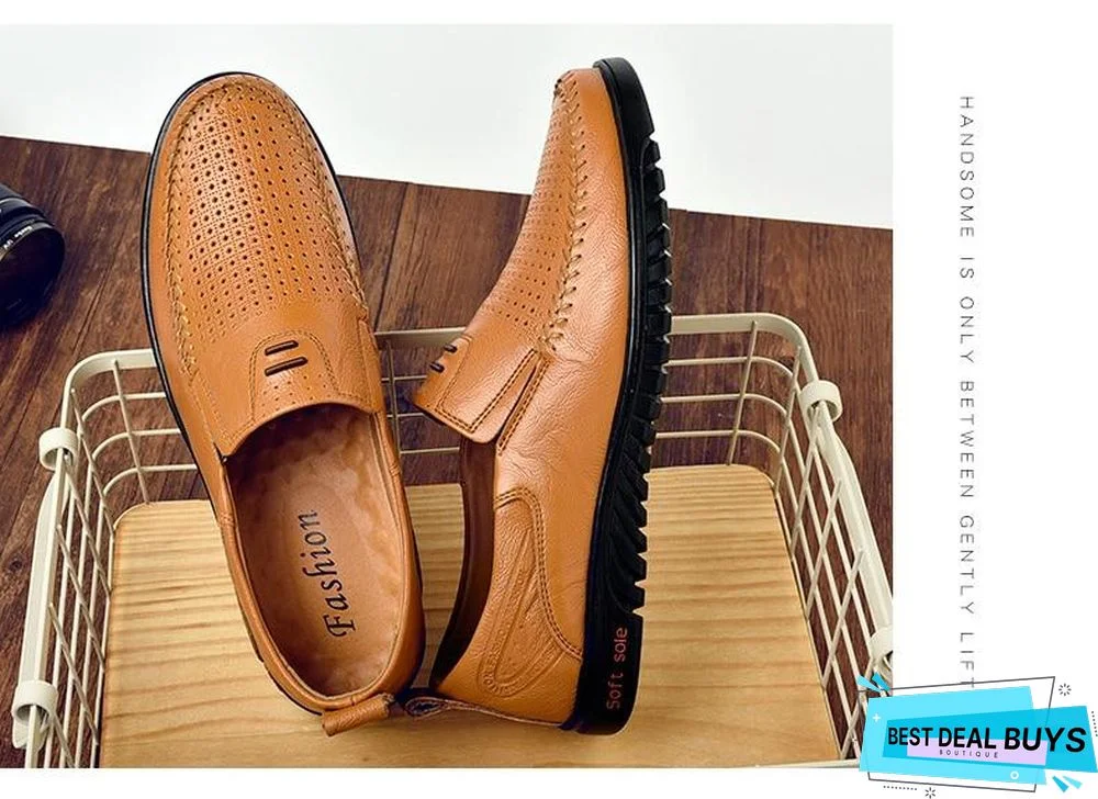 New Openwork Men Black Loafer Perforated Shoes Leather Flats Driving Shoes Business Men's Shoes