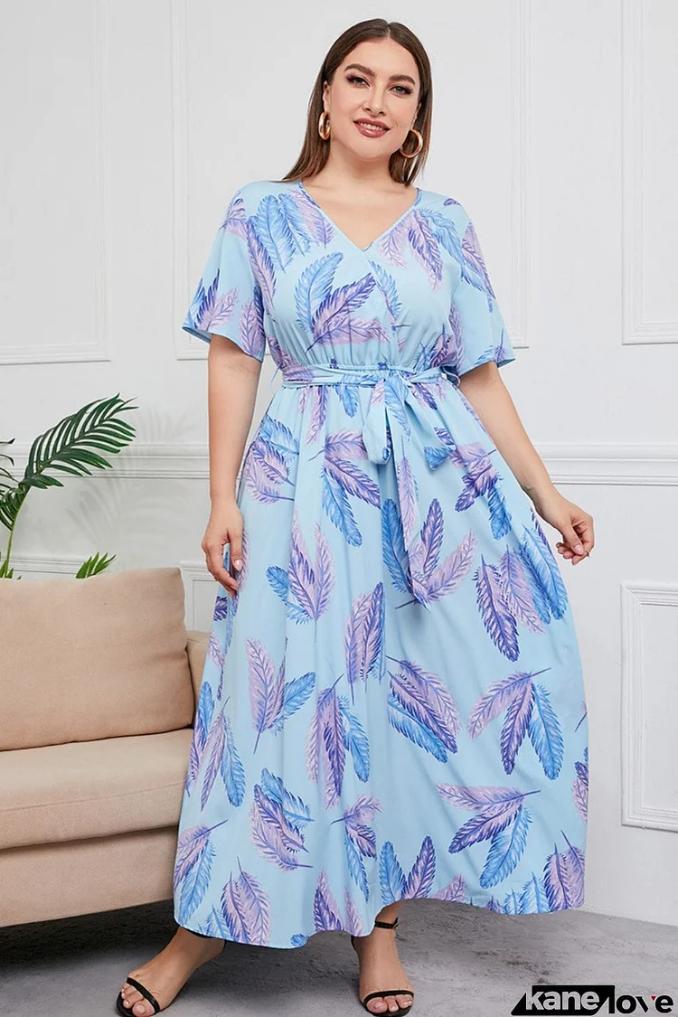 Plus Size Printed Surplice Short Sleeve Maxi Dress