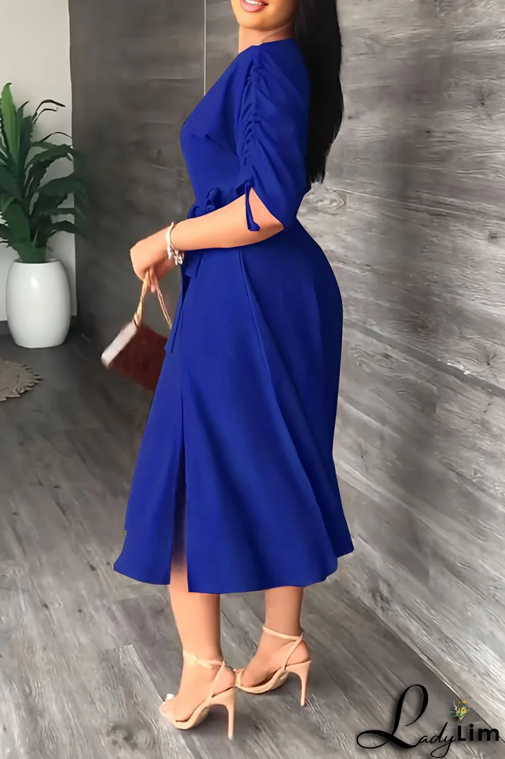 Red Casual Elegant Solid Patchwork Draw String Fold Oblique Collar Dresses