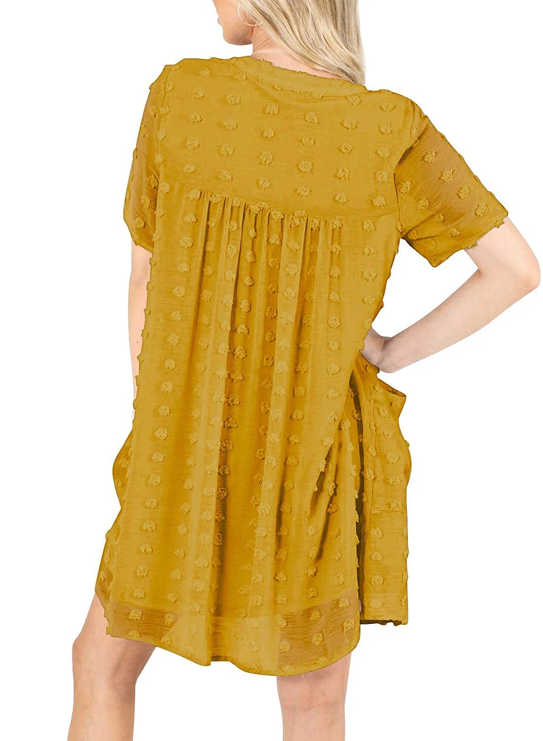 MIHOLL Women's V Neck Short Sleeve Ruffle Loose Summer Flowy Mini Dress