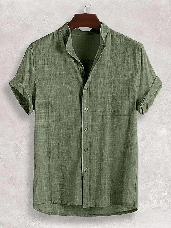 Men's Stand-up Collar Short Sleeve Cotton And Linen Shirt