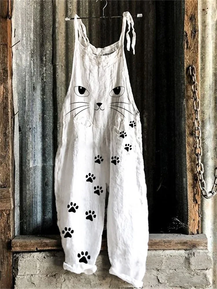 Cat Face Paw Prints Loose Fit Jumpsuit