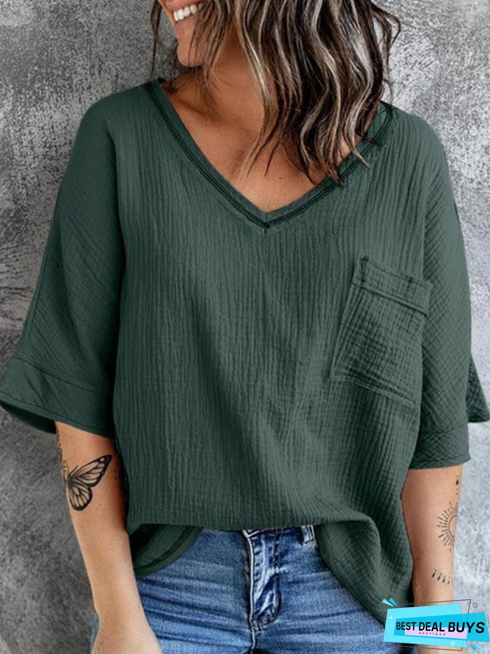 V-Neck Solid Color Loose Casual Short-Sleeved Blouse Linen