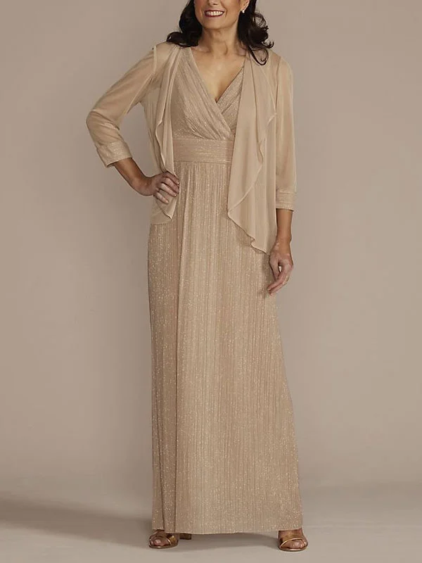 floor length v-neck metallic sheath jacket dress