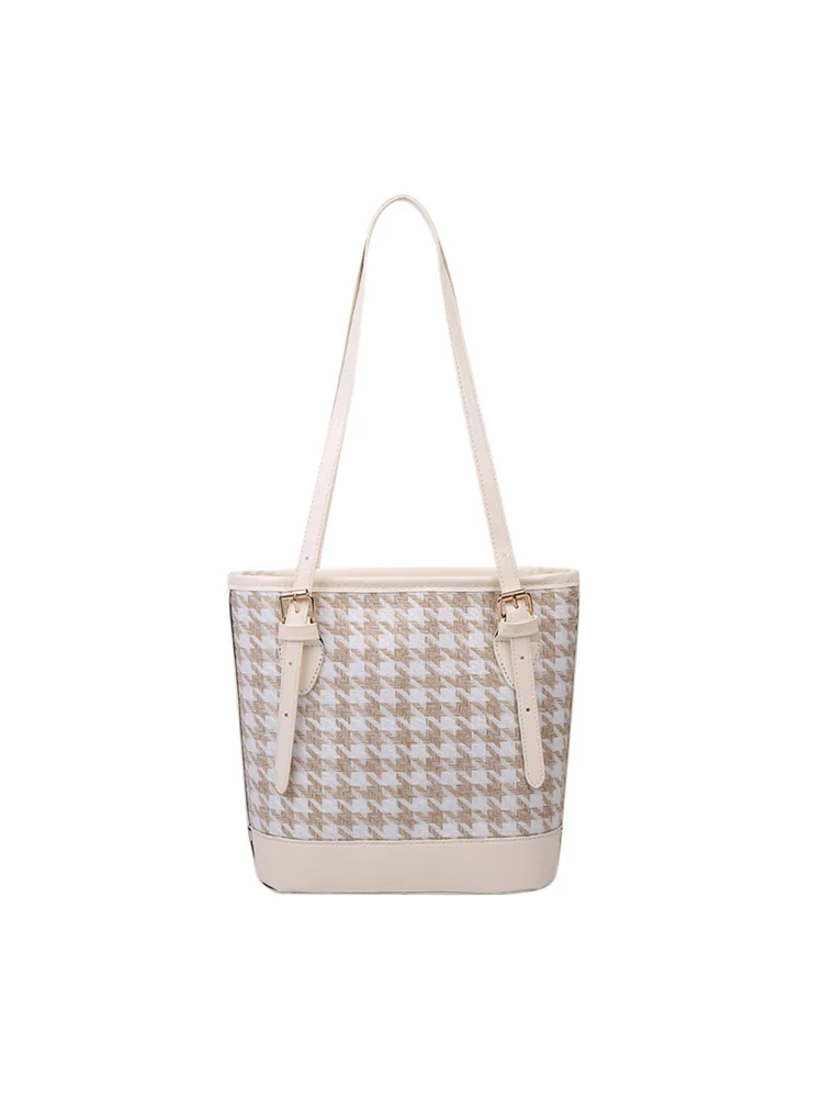 Retro Plaid Handbag Women PU Bucket Totes Casual Shoulder Bags (White)