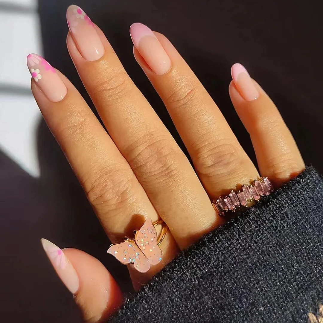 Pink Flowers Print Long-length Press On Nails with Jelly Double Sided Nail Adhesives 24 pcs