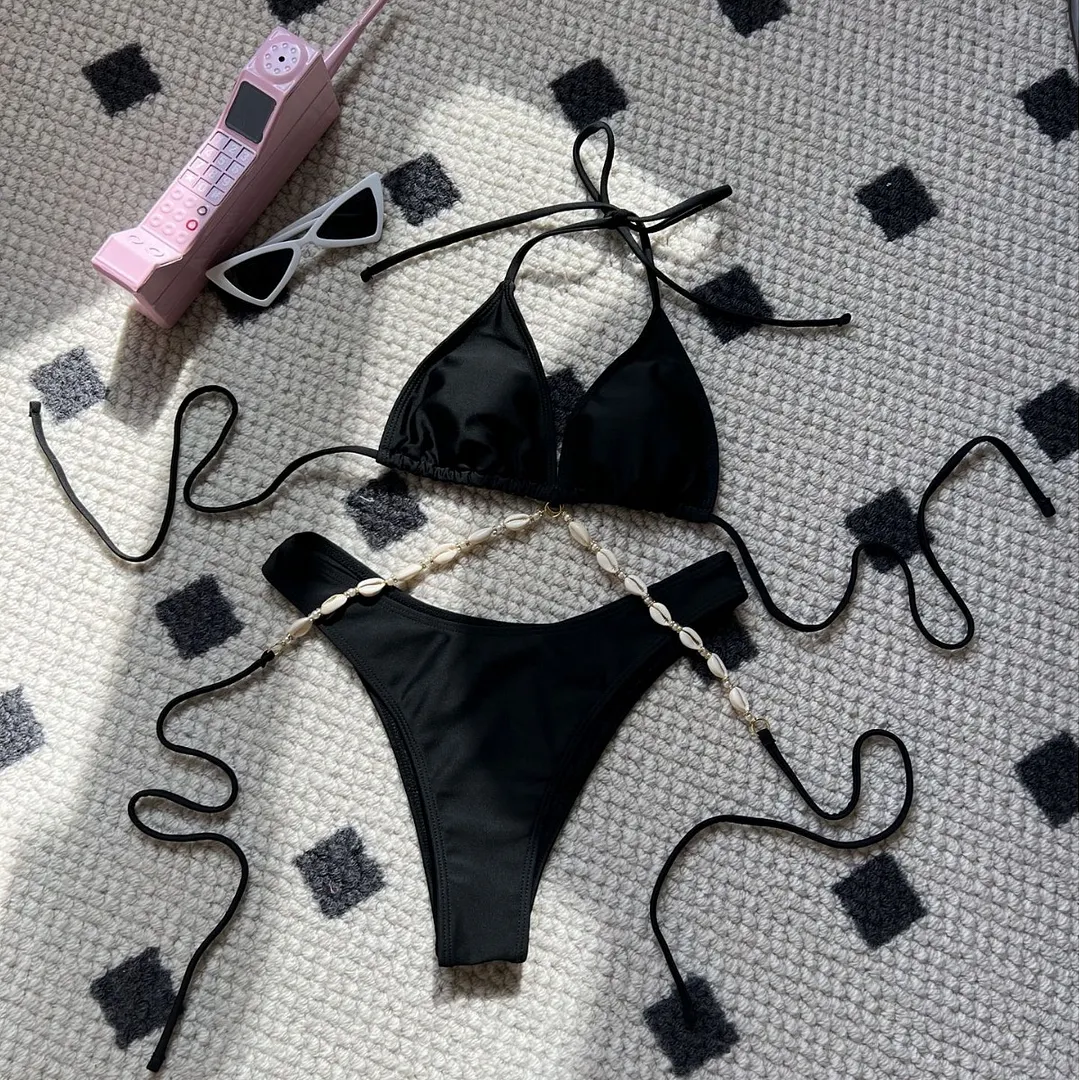 Uveng 2024 Plain Color New Sexy Shell Chain Swimsuit Bikini Bikini