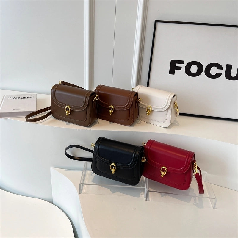 Women's Pu Leather Solid Color Classic Style Square Lock Clasp Shoulder Bag Crossbody Bag