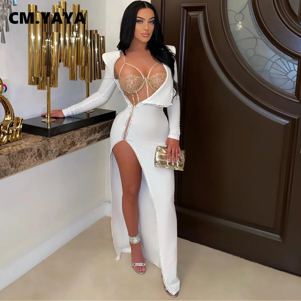 CM.YAYA Women Diamonds Hot Drill Side High Side Split Midi Maxi Dress and Lace Sleeveless Bodysuit Matching Set 2 Piece Outfit
