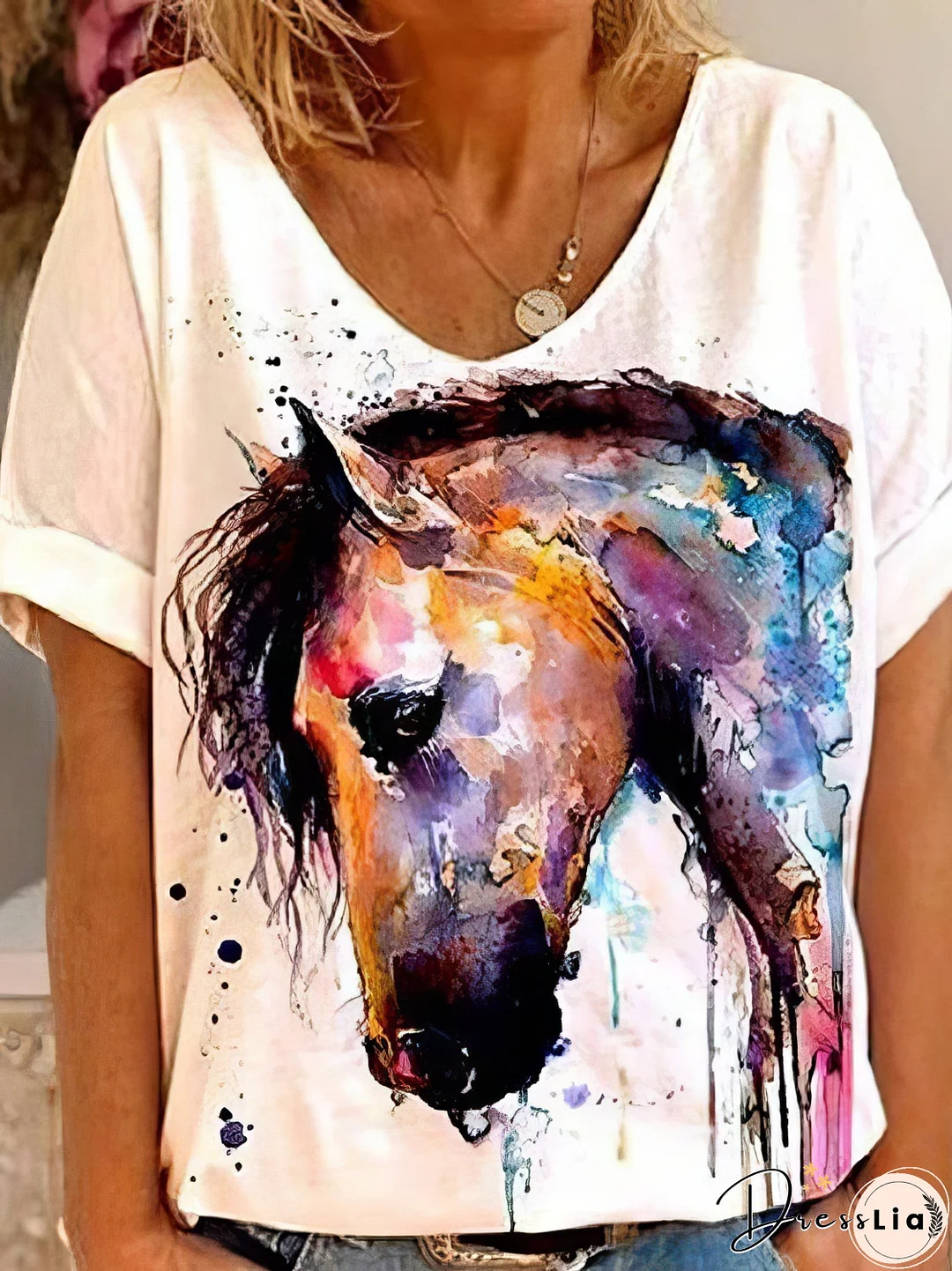 Horse Head Print Short Sleeve V-Neck T-Shirt
