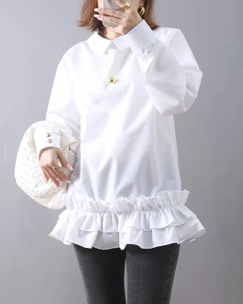 Ruffled Detail Heart Shape Buttons Long Sleeve Shirt