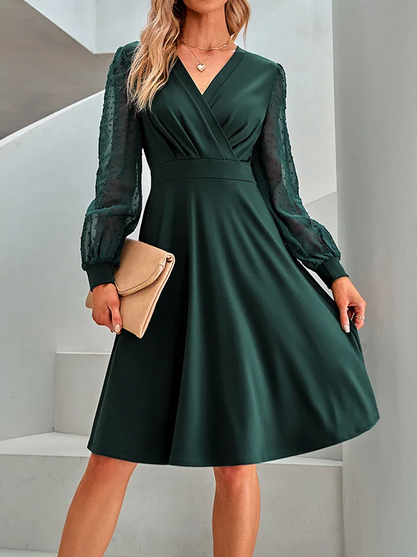 A-Line Long Sleeves Gauze Pleated Split-Joint V-Neck Midi Dresses