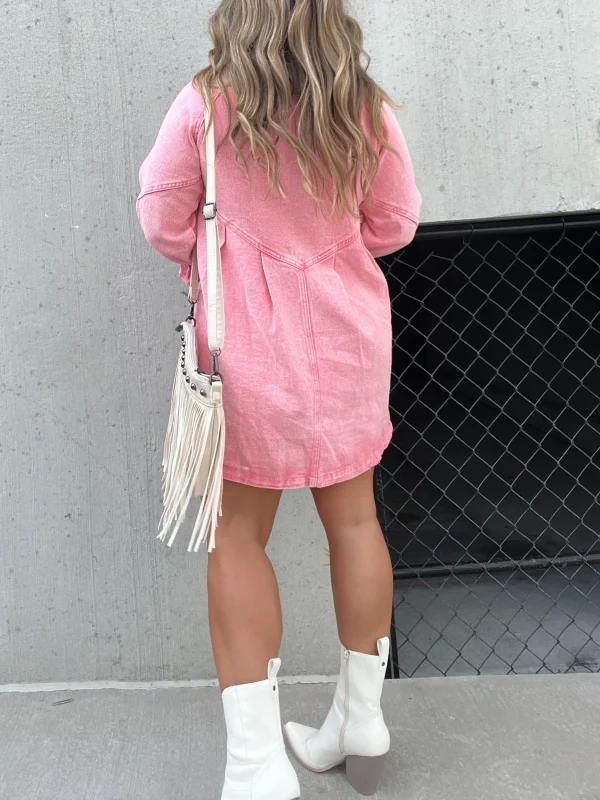 Long Sleeve Pink Downtown Denim Shirt Dress