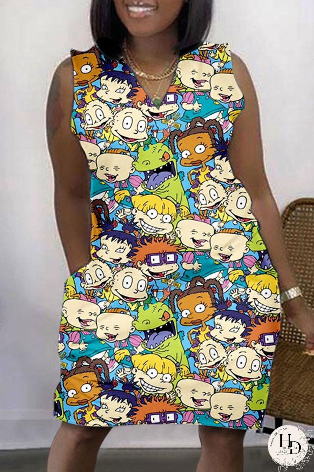 Colour Casual Print Basic V Neck Sleeveless Dress Dresses