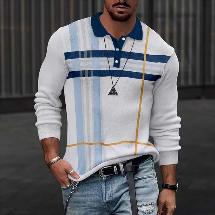 Men's Color Block Business Casual Long Sleeve Polo Shirt