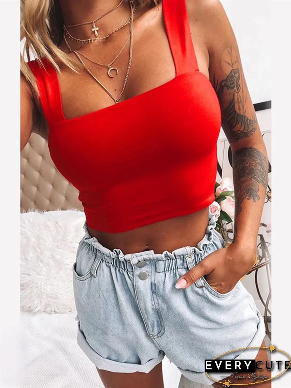 Square Neck Sleeveless Summer Crop Top-White Womens Black Casual Basic T-Shirt-Off