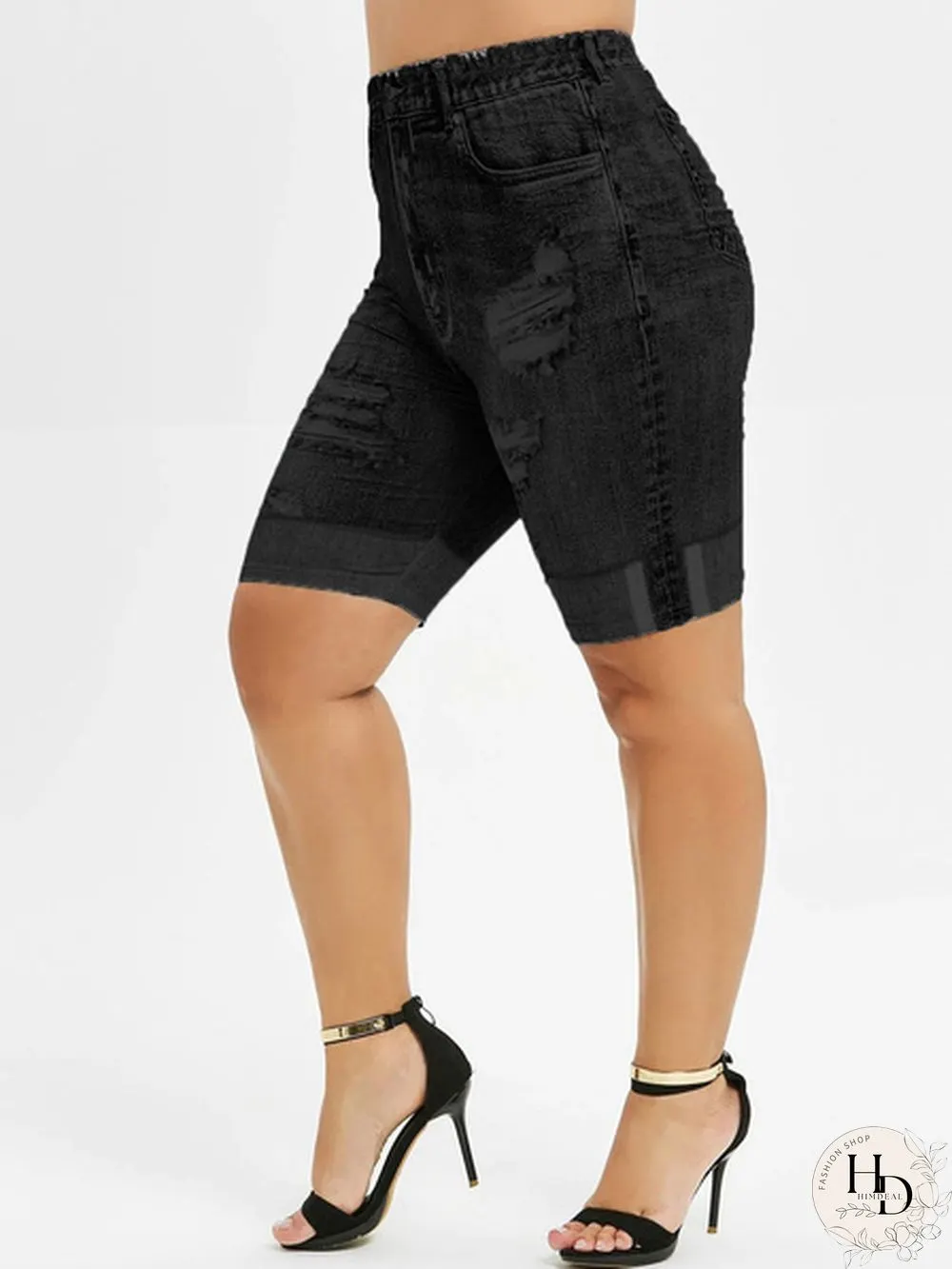 Plus Size Mini Leggings Faux Denim Pants Women Ladies Fashion Shorts Ripped Skinny Jean