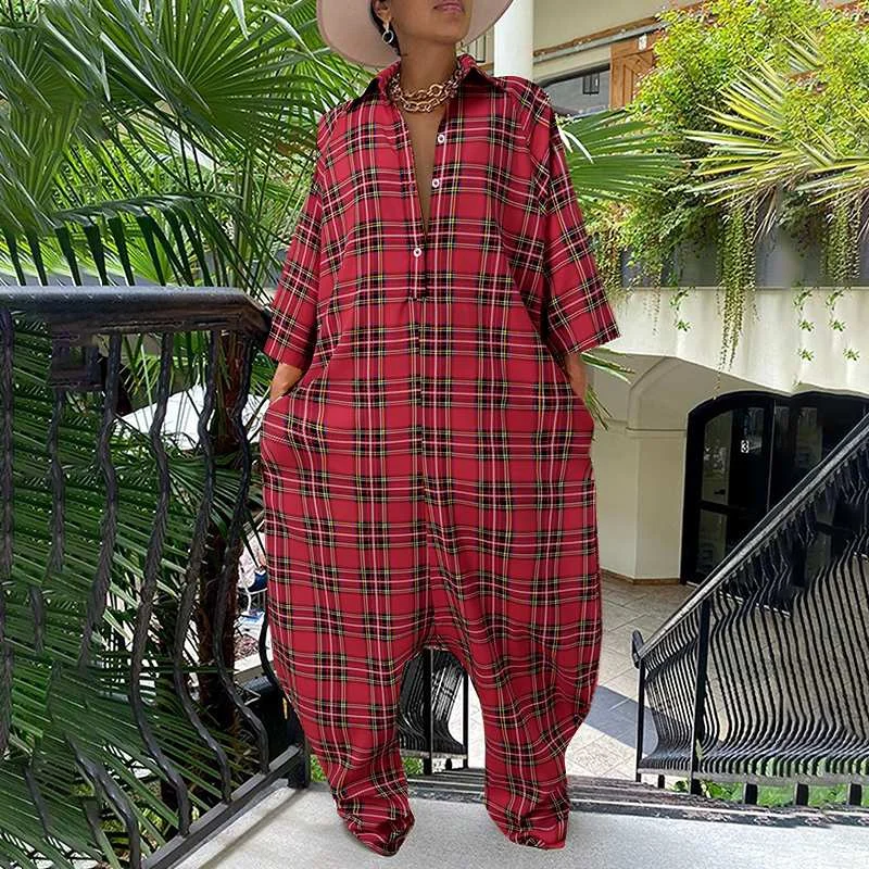 Women Fashion Plaid Long Jumpsuit Celmia 2022 Elegant 3/4 Sleeve Casual Harem Rompers Loose Buttons Oversized Party Playsuit