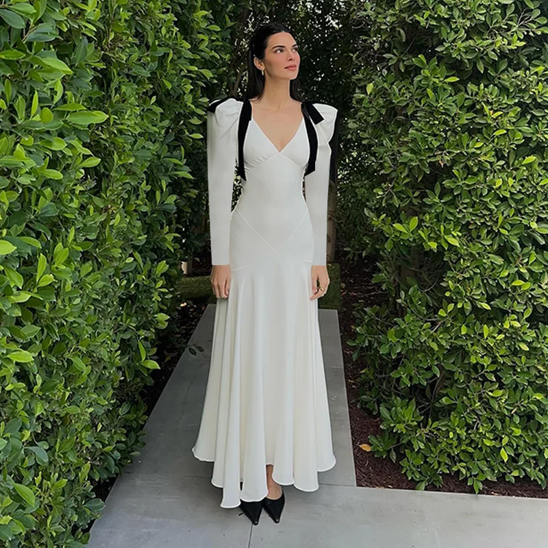 Uveng Uveng Summer Autumn New Fashion Temperament With French Sweet Bubble Sleeve Bow Tie Dress