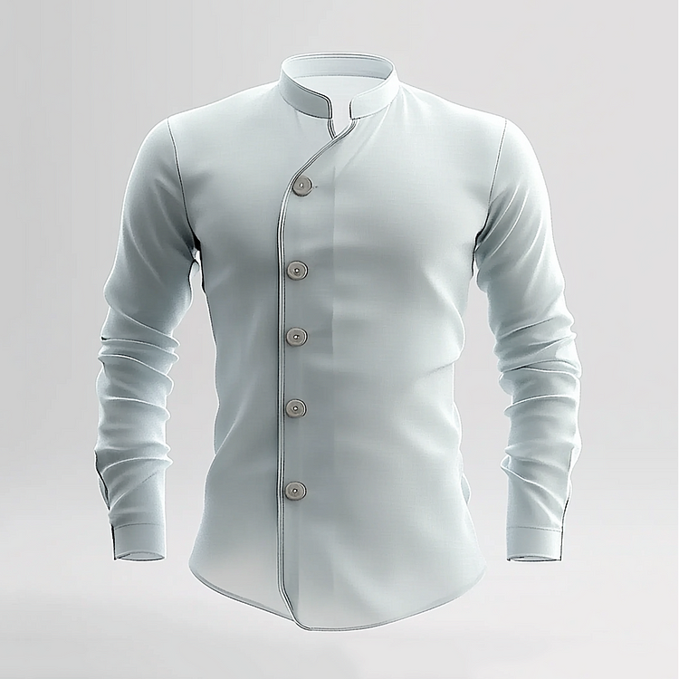 Men's Stand Collar Long Sleeve Slant Button Design Shirt