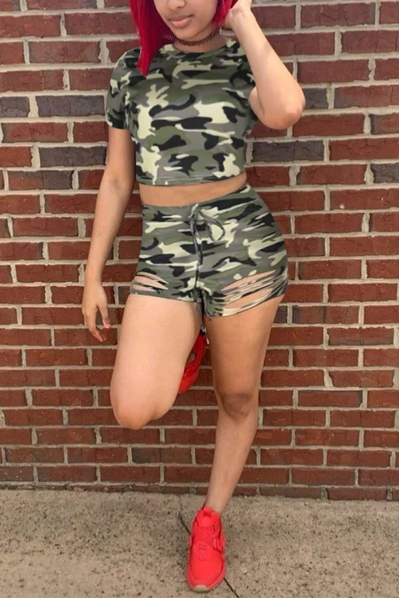 Casual Print Camouflage Shorts Set
