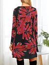 Vibrant Allover Print Crew Neck Loose Fit Dress - Women's Vintage Long Sleeve Dresses for Spring & Fall - Comfortable, Relaxed Style Clothing with Crew Neck Design