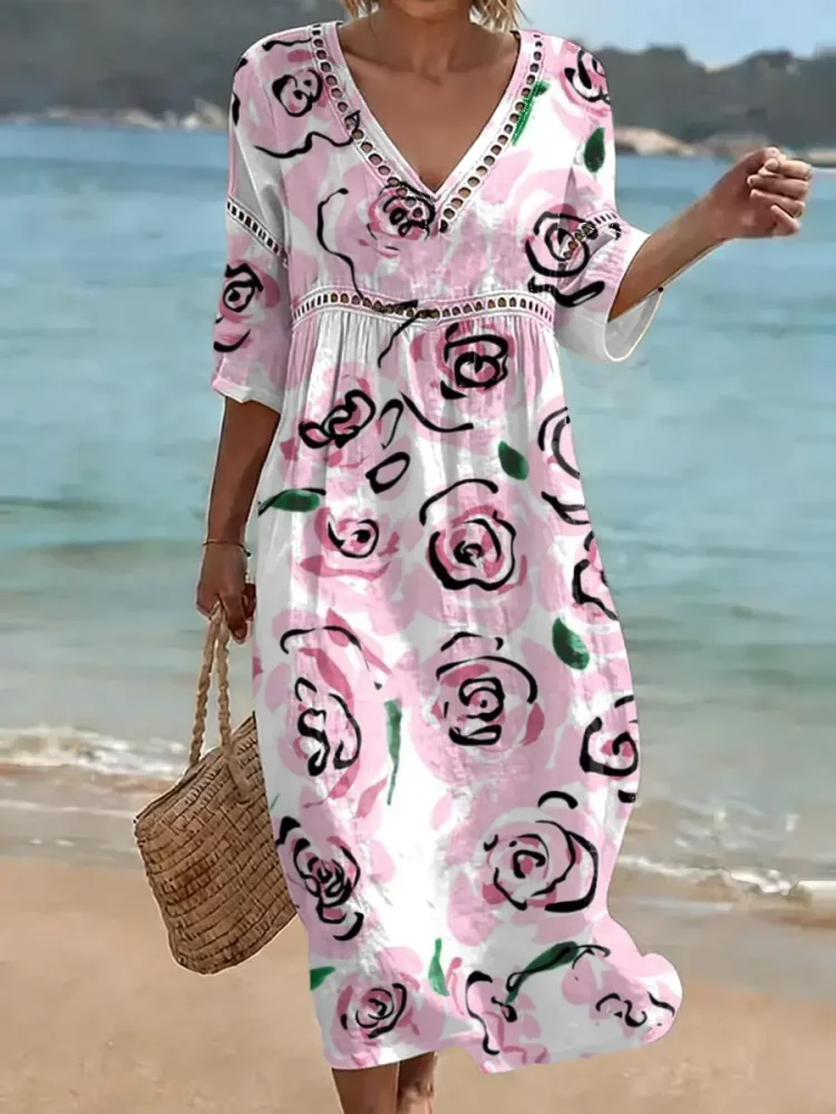 Women's Retro Floral Pattern Art Print Casual Stylish Cotton Linen Dress