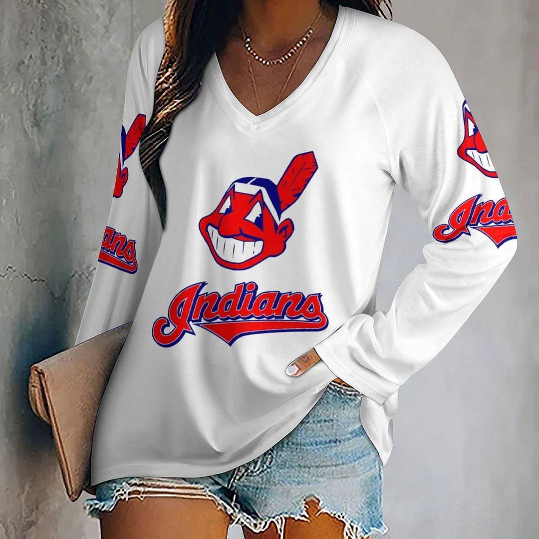 V-neck Long Sleeve Casual T-shirt for  Women and Men Printed with Pattern,Navy,Red,White