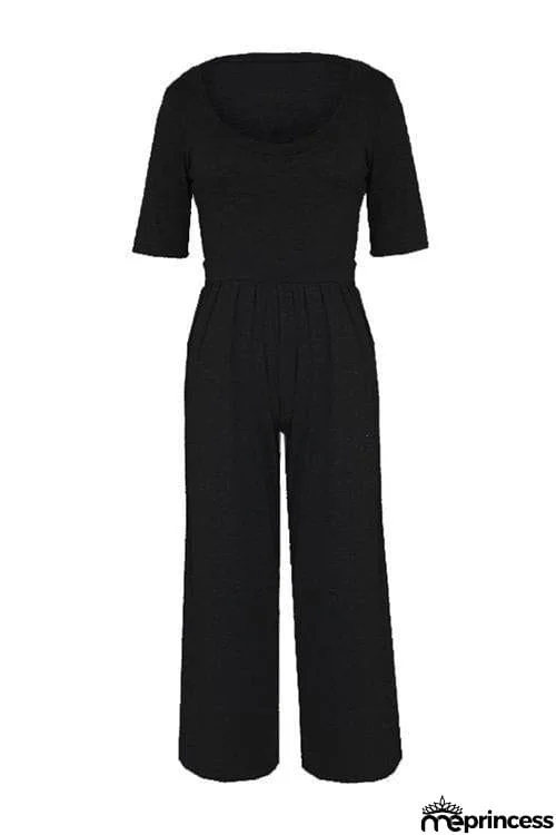 U Neck Short Sleeve Loose Jumpsuit