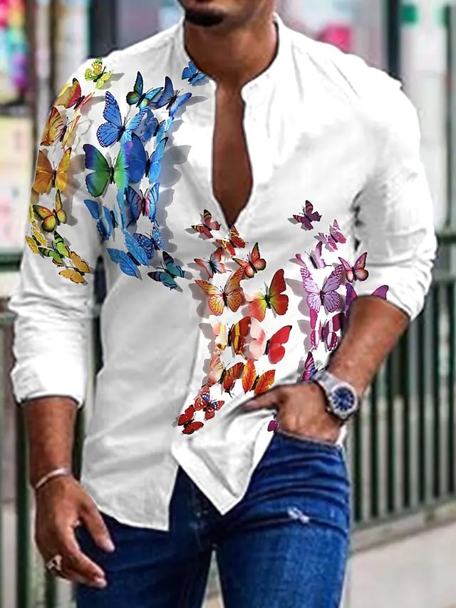 Men's printed cotton linen long sleeved shirt