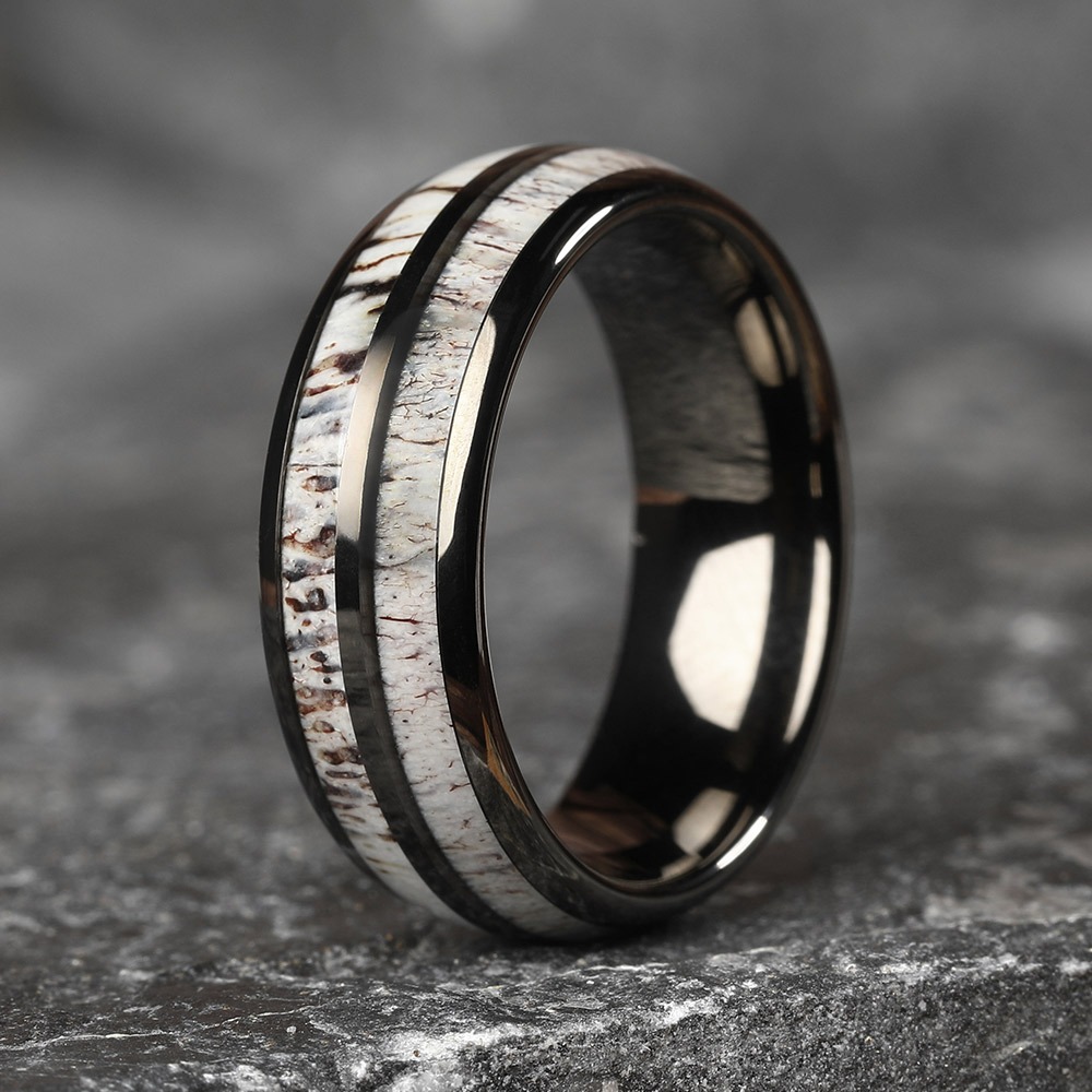 8mm Black Stainless Steel Rings for Men Hawaiian Koa Wood Inlay Matte Brushed Finish Promise Rings Men Wedding Jewelry