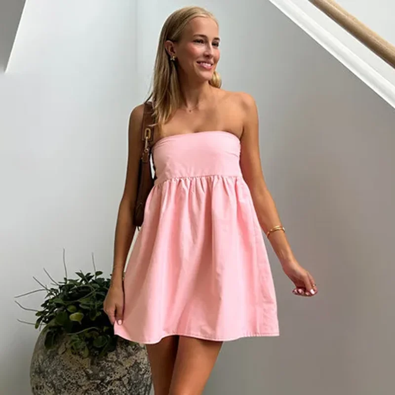 Women's Sleeveless Beach Vacation Elegant Solid Strapless Mini Dress 