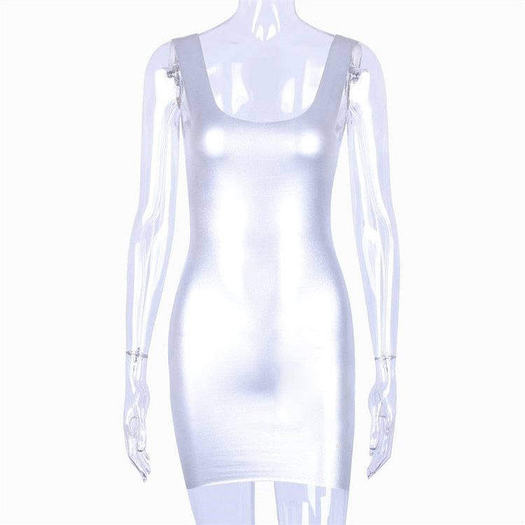 Hugcitar spaghetti straps silver reflective sexy bodycon mini dress 2019 summer women party club streetwear sleeveless clothes