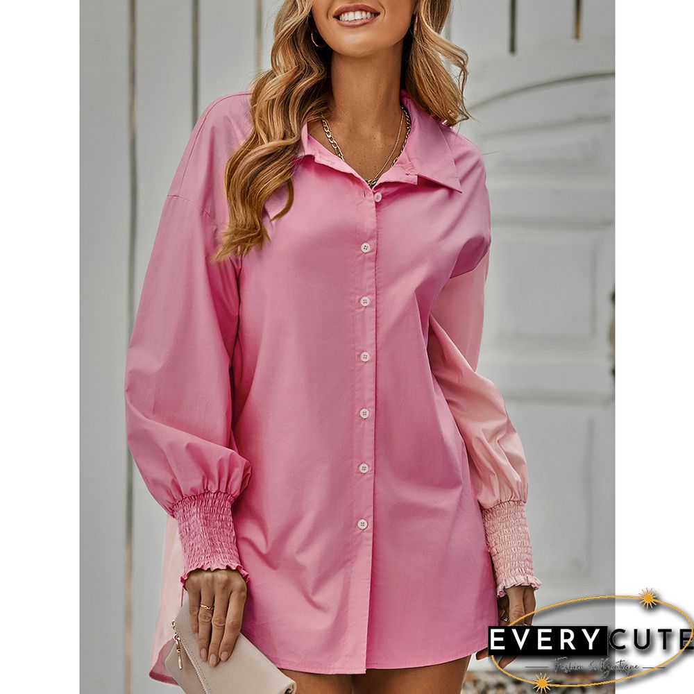 Pink Contrast Button Pleated Cuffs Long Sleeve Shirt
