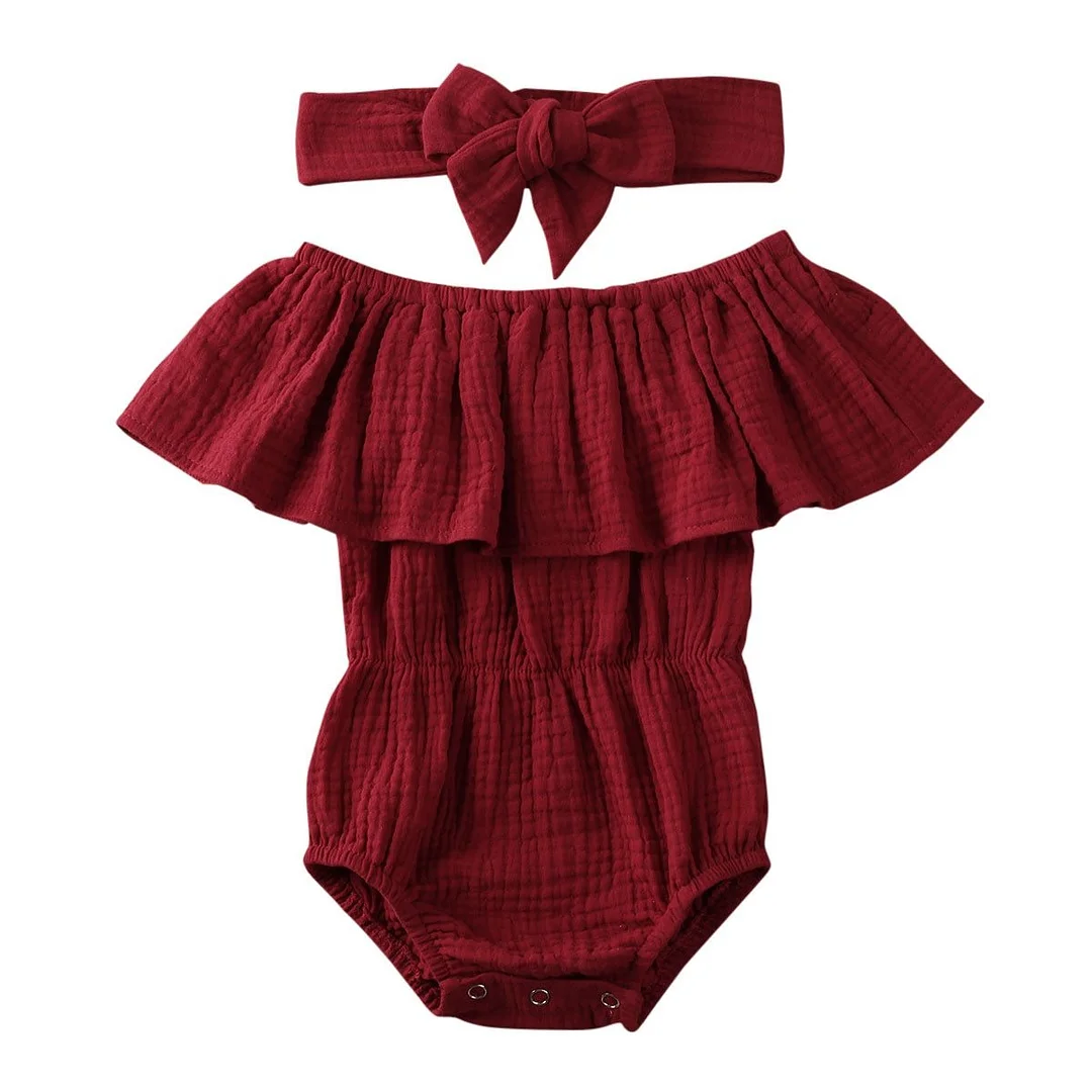 2020 Baby Summer Clothing Newborn Baby Girl Ruffles Sleeve Jumpsuit Classic Solid Color Off-shoulder Triangle Jumpsuit Headband