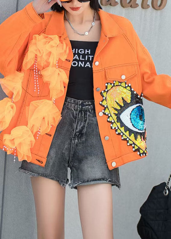 VCSHOES Orange Tulle Pockets Sequins Nail Bead Patchwork Denim Coat Spring