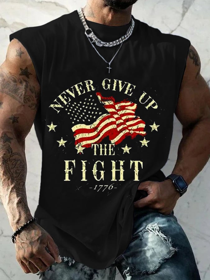 Men's Retro Never Give Up Fight 1776 Independence Day Patriotic Print Casual Tank Top