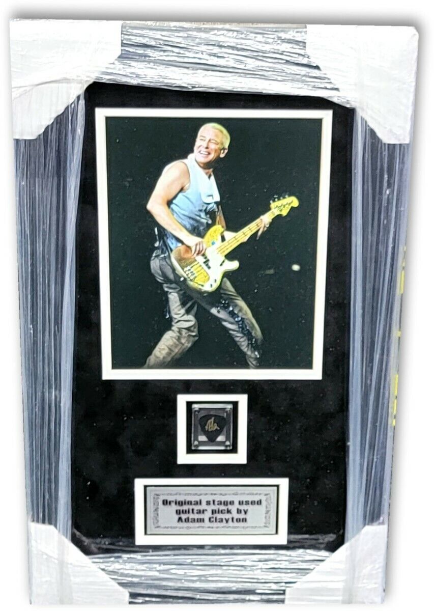 Adam Clayton Framed Concert Used Guitar Pick and Photo Poster painting U2 Bassist