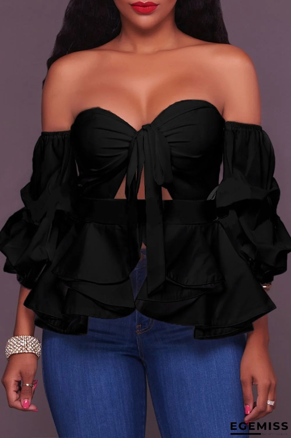 Black Sweet Dew Shoulder Lantern Sleeves Blouses | EGEMISS