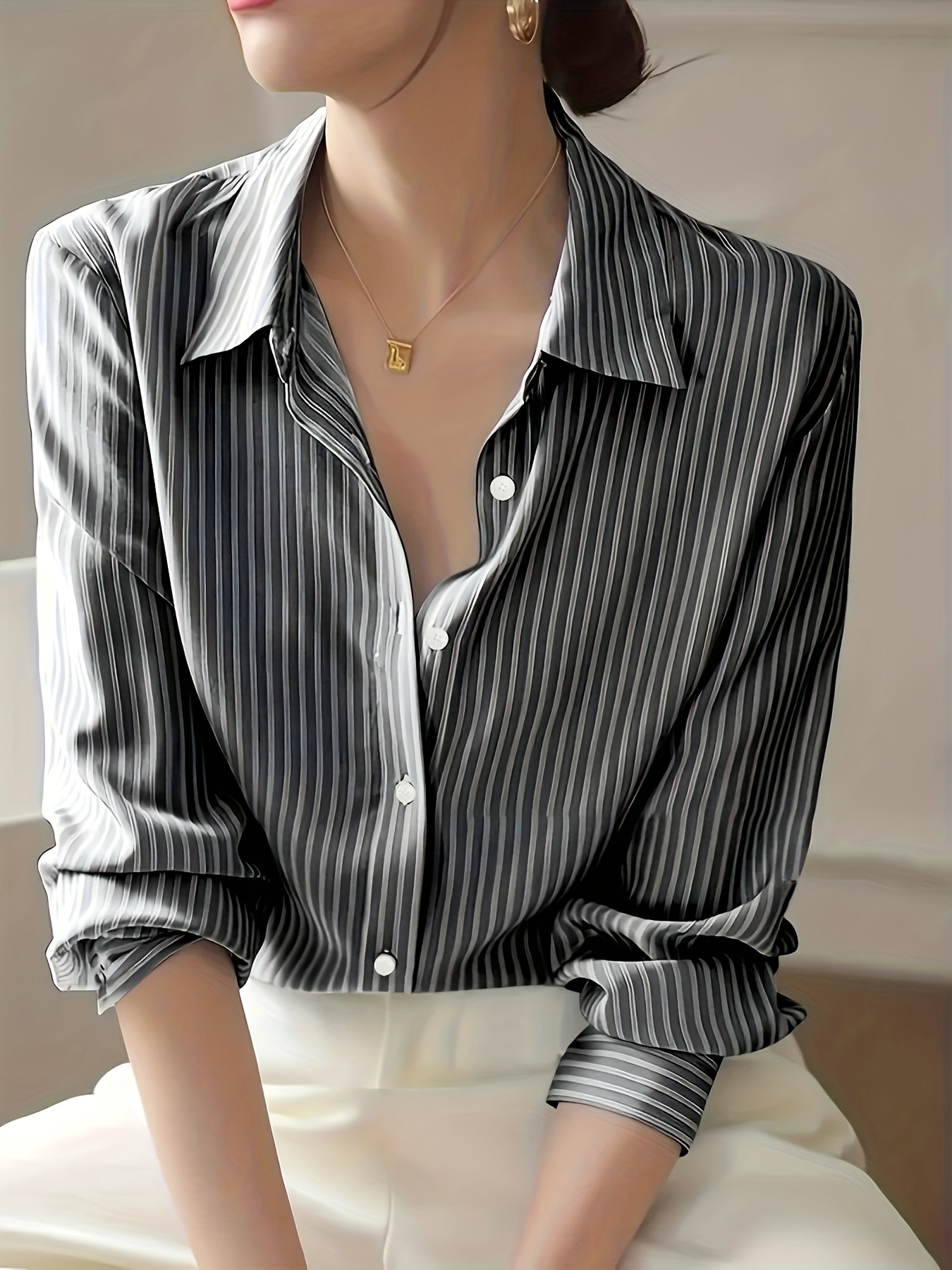 Women's Elegant Blue & White Striped Button-Up Shirt - Long Sleeve Loose Fit Polyester Blouse, Classic Collar Design, Machine Washable, Versatile Casual To Office Wear For Spring Summer Fall, Ladies Blouse | IFYHOME